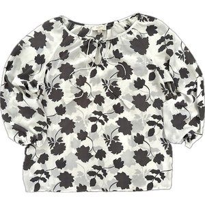 Loft Women’s Shear White Gray Leaf Tassle String 3/4 Sleeve Tunic Blouse Sz S